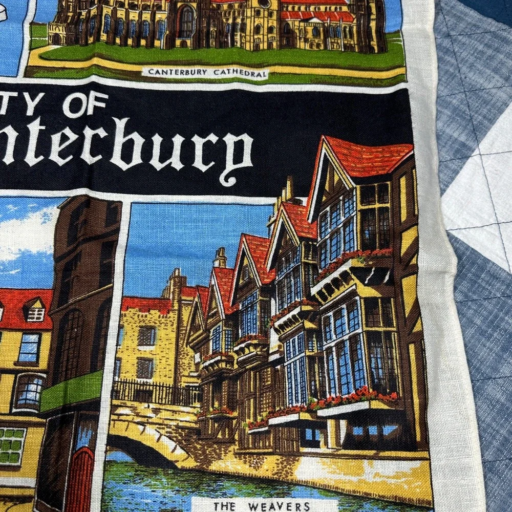 Vintage City of Canterbury Pure Irish Linen Tea Towel Souvenir England Landmarks
